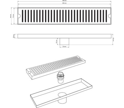 САНАКС - Трап душевой 500х80 мм, вертикальный выпуск 50мм, с гидрозатвором, из нержавеющей стали марки SUS 304, цвет САТИН. 00053-50