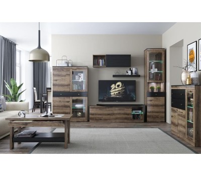 Модульная мебель АНРЭКС JAGGER Шкаф с витриной 1V1D1SN цвет Дуб монастырский /Черный (4 уп.)