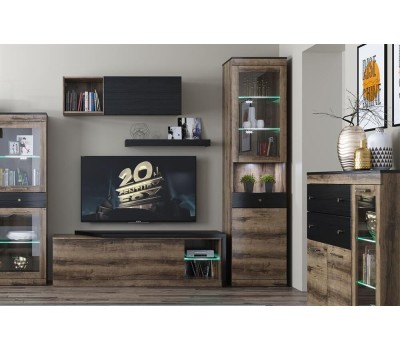 Модульная мебель АНРЭКС JAGGER Шкаф с витриной 1V1D1SN цвет Дуб монастырский /Черный (4 уп.)