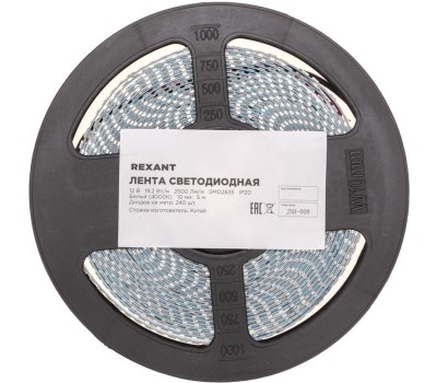 REXANT Лента светодиодная 12В, SMD2835, 19,2Вт/м, 240 LED/м, 4000K, 10мм, 5м,IP20