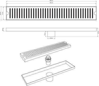 САНАКС - Трап душевой 600х80мм, вертикальный выпуск 50мм, с гидрозатвором, из нержавеющей стали марки SUS 304, цвет САТИН. 00053-60