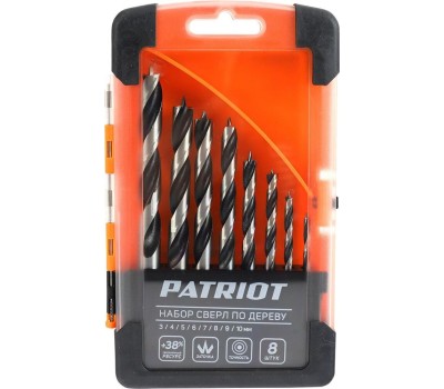 Набор сверел PATRIOT 815010103 по дереву спиральные W-образная заточка 3, 4, 5, 6, 7, 8, 9, 10 мм Набор сверел