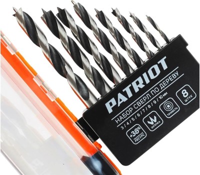 Набор сверел PATRIOT 815010103 по дереву спиральные W-образная заточка 3, 4, 5, 6, 7, 8, 9, 10 мм Набор сверел