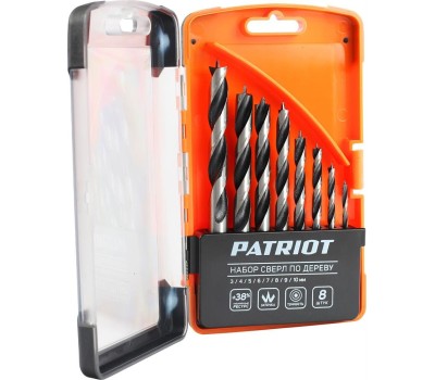 Набор сверел PATRIOT 815010103 по дереву спиральные W-образная заточка 3, 4, 5, 6, 7, 8, 9, 10 мм Набор сверел