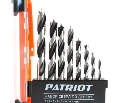 Набор сверел PATRIOT 815010103 по дереву спиральные W-образная заточка 3, 4, 5, 6, 7, 8, 9, 10 мм Набор сверел