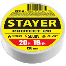 STAYER PROTECT-20, 19 мм х 20 м, 5 000 В, белая, изолента ПВХ, Professional (12292-W)