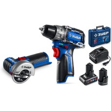 ЗУБР КОМПАКТ #5, набор: дрель-шуруповерт + мини УШМ, BRUSHLESS, 12 В, 45 Н·м, 2 АКБ тип Т7 (4 и 2 А·ч), кейс, Профессионал (DB-121-42AB)