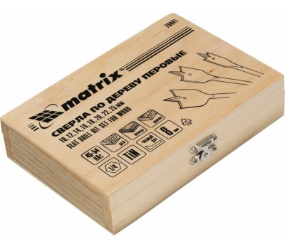 Набор сверл MATRIX Набор сверл перовых по дереву, 10-12-14-16-18-20-22-25 мм, 8 шт, деревянный кейс 70441