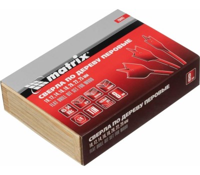 Набор сверл MATRIX Набор сверл перовых по дереву, 10-12-14-16-18-20-22-25 мм, 8 шт, деревянный кейс 70441