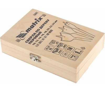 Набор сверл MATRIX Набор сверл перовых по дереву, 10-12-14-16-18-20-22-25 мм, 8 шт, деревянный кейс 70441