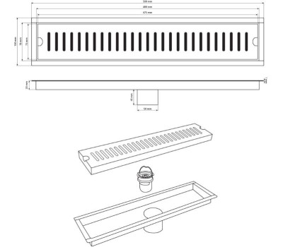 САНАКС - Трап линейный 500 х 100 мм, вертикальный выпуск с гидрозатвором, с верхним бортиком, из нержавеющей стали марки SUS 304, цвет ЧЁРНЫЙ. 00048-B