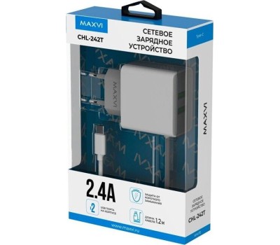 АККУМУЛЯТОРЫ И ЗАРЯДНЫЕ УСТРОЙСТВА MAXVI CHL-242T 2.4A, with Type-C cable, 2хUSB, цвет: белый
