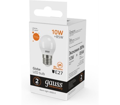 GAUSS Упаковка ламп LED E27, шар, 10Вт, 10 шт. [53210]