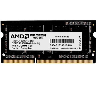 AMD RADEON Модуль памяти 4GB DDR3 1333 SO DIMM R3 Value Series Black R334G1339S1S-UO Non-ECC, CL9, 1.5V, Bulk R334G1339S1S-UO (180343)