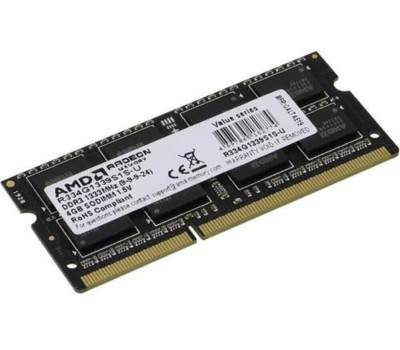 AMD RADEON Модуль памяти 4GB DDR3 1333 SO DIMM R3 Value Series Black R334G1339S1S-UO Non-ECC, CL9, 1.5V, Bulk R334G1339S1S-UO (180343)