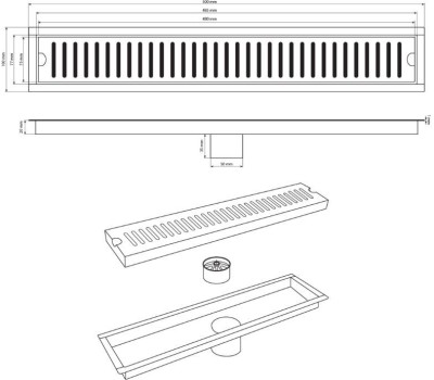 САНАКС - Трап линейный 500 х 100 мм, вертикальный выпуск, с сухим мембранным клапаном, из нержавеющей стали, цвет САТИН. 00042