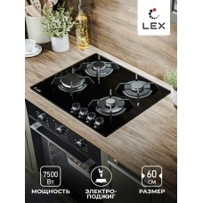 Варочная панель газовая LEX Газовая варочная панель GVG 643A BBL, 4 конфорки, закаленное стекло, черный