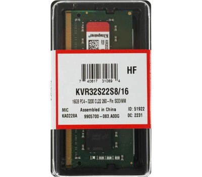Оперативная память KINGSTON Память DDR4 SO-DIMM 16Gb (PC25600, 3200MHz, CL22, 1.2V, RTL) (KVR32S22S8/16)