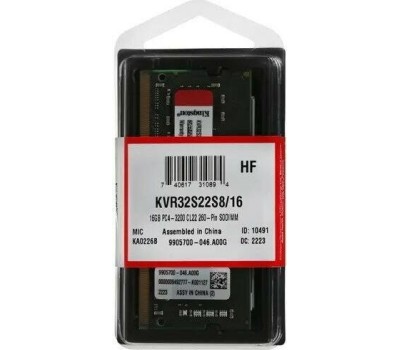 Оперативная память KINGSTON Память DDR4 SO-DIMM 16Gb (PC25600, 3200MHz, CL22, 1.2V, RTL) (KVR32S22S8/16)