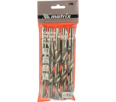 Сверло MATRIX Сверло по металлу, 16 мм, полированное, HSS, 5 шт, цилиндрический хвостовик 72060