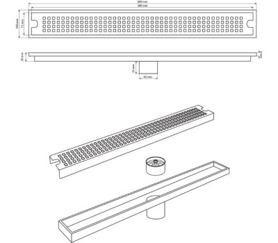 САНАКС - Трап линейный 600 х 100 мм, вертикальный выпуск, с сухим мембранным клапаном, из нержавеющей стали, цвет САТИН. 00043