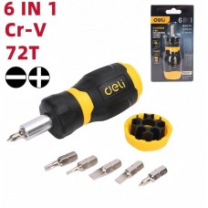 DELI Отвертка с трещоткой с набором бит 6-в-1 DL636182N 6 бит Cr-V (SL5,SL6,PH0,PH1,T10,T20), трещотка 72 зуба