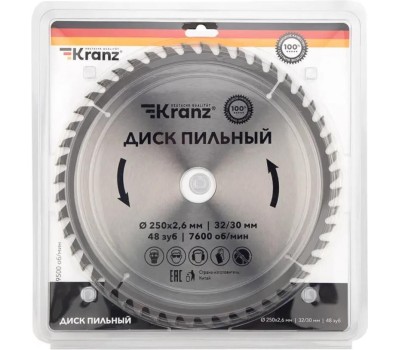 Диск пильный KRANZ (KR-92-0128) Диск пильный 250 мм х 48 зуб х 32/30 мм