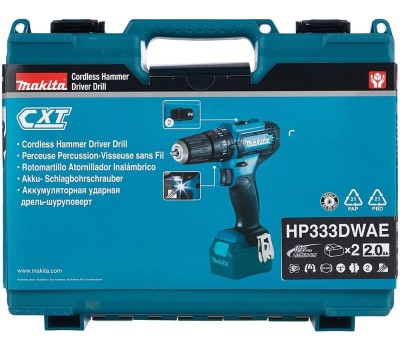 MAKITA Ударная дрель-шуруповерт HP333DWAE, 2Ач, с двумя аккумуляторами