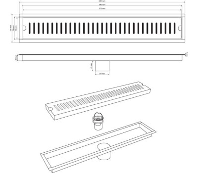 САНАКС - Трап линейный 600 х 100 мм, вертикальный выпуск с гидрозатвором, с верхним бортиком, из нержавеющей стали марки SUS 304, цвет ЧЁРНЫЙ. 00049-B