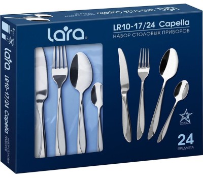 LARA LR10-17/24 Набор столовых приборов LARA CAPELLA, 24 предмета, зерк. полировка, остр. вилка, сатин.