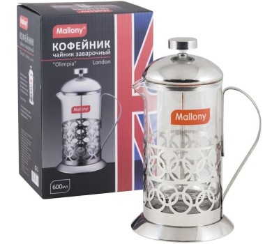 Чайник заварочный MALLONY Чайник/кофейник (кофе-пресс) OLIMPIA, 600 мл, из жаропрочного стекла, в корп из нерж ст, T046-600ML (950137)