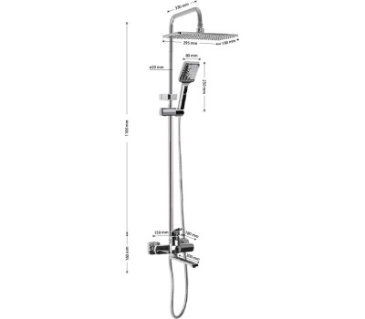 Смеситель для ванны и душа FABIA 9675 Смеситель + стойка душевая тропический душ хромированный, с двумя лейками, с длинным изливом, корпус латунь