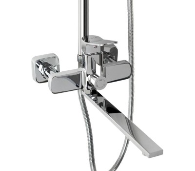 Смеситель для ванны и душа FABIA 9675 Смеситель + стойка душевая тропический душ хромированный, с двумя лейками, с длинным изливом, корпус латунь