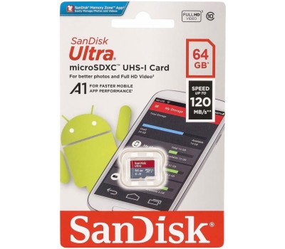 SANDISK Карта памяти microSDXC UHS-I Ultra 64 ГБ, 100 МБ/с, Class 10, SDSQUNR-064G-GN3MN, 1 шт., без адаптера