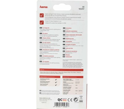 HAMA Автомобильное зарядное устройство H-183297, USB-C, 8-pin Lightning, 18Вт, 3A, белый [00183297]