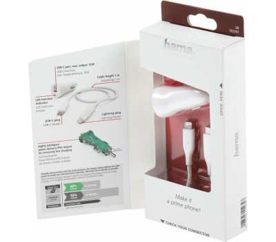 HAMA Автомобильное зарядное устройство H-183297, USB-C, 8-pin Lightning, 18Вт, 3A, белый [00183297]