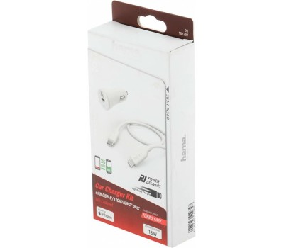 HAMA Автомобильное зарядное устройство H-183297, USB-C, 8-pin Lightning, 18Вт, 3A, белый [00183297]