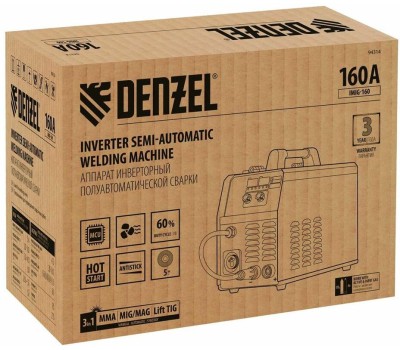 Аппарат инвертор DENZEL Аппарат инвертор. полуавтомат. сварки MIG-160, 160 А, ПВ 60%, катушка 5 кг// 94309