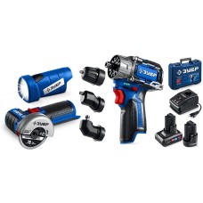 ЗУБР КОМБИ #5 набор: дрель-шуруповерт + мини УШМ + LED фонарь, BRUSHLESS, 12 В, 45 Н·м, 2 АКБ тип Т7 (4 и 2 А·ч), кейс, Профессионал (DB-125-42ABF)