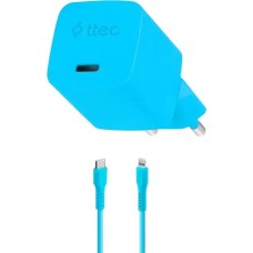TTEC Портативное зарядное устройство SmartCharger USB-C 20W PD GaN Travel Charger с кабелем USB-C To Lightning. Длина кабеля: 120см. Цвет: голубой