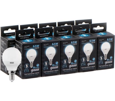 GAUSS Лампа светодиодная Elementary 10Вт цок.:E14 шар 220B 4100K св.свеч.бел.нейт. (упак.:10шт) (53120)