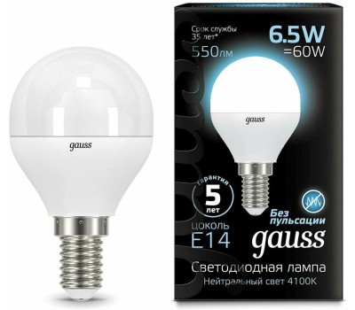 GAUSS Лампа светодиодная Elementary 10Вт цок.:E14 шар 220B 4100K св.свеч.бел.нейт. (упак.:10шт) (53120)