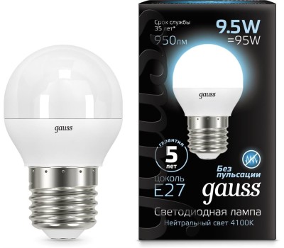 GAUSS Лампа LED E27, шар, 9.5Вт, одна шт. [105102210]