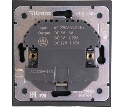 KRANZ Розетка STRONG 1-ая с/з с/у з/ш 16А с USB A+C быстрой зарядки 5В/3А антрацит