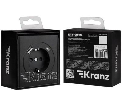 KRANZ Розетка STRONG 1-ая с/з с/у з/ш 16А с USB A+C быстрой зарядки 5В/3А антрацит