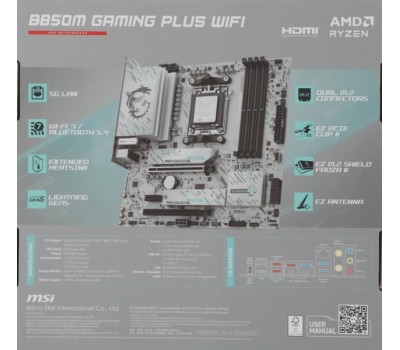 Материнская плата MSI Материнская плата B850M GAMING PLUS WIFI B850, AM5, 4*DDR5, 4*PCIEx16, 1*PCIEx1, 3*M.2, 3*TypeC, 1*USB3.2Gen2, 5*USB3.2Gen1, 8*USB2.0, 4*SATA3.0, 5G, DP, ATX, RTL