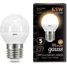 GAUSS Лампа светодиодная Black 6.5Вт цок.:E27 шар 220B св.свеч.бел.теп. G45 (упак.:10шт) (105102107)