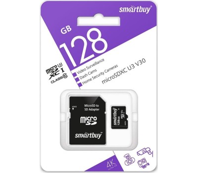 Карта памяти SMARTBUY (SB128GBSDCCTV) MicroSDXC 128GB cl10 U3 V30 + адаптер