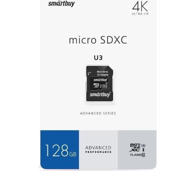 Карта памяти SMARTBUY (SB128GBSDCCTV) MicroSDXC 128GB cl10 U3 V30 + адаптер