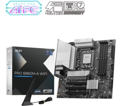 Материнская плата MSI Материнская плата PRO B860M-A WIFI B860, LGA1851, 4*DDR5, 4*PCIEx16, 3*M.2, 2*TypeC, 3*USB3.2Gen2, 6*USB3.2Gen1, 2*USB2.0, 4*SATA3.0, 5G, Type-C(DP), DP, HDMI, M-ATX, RTL